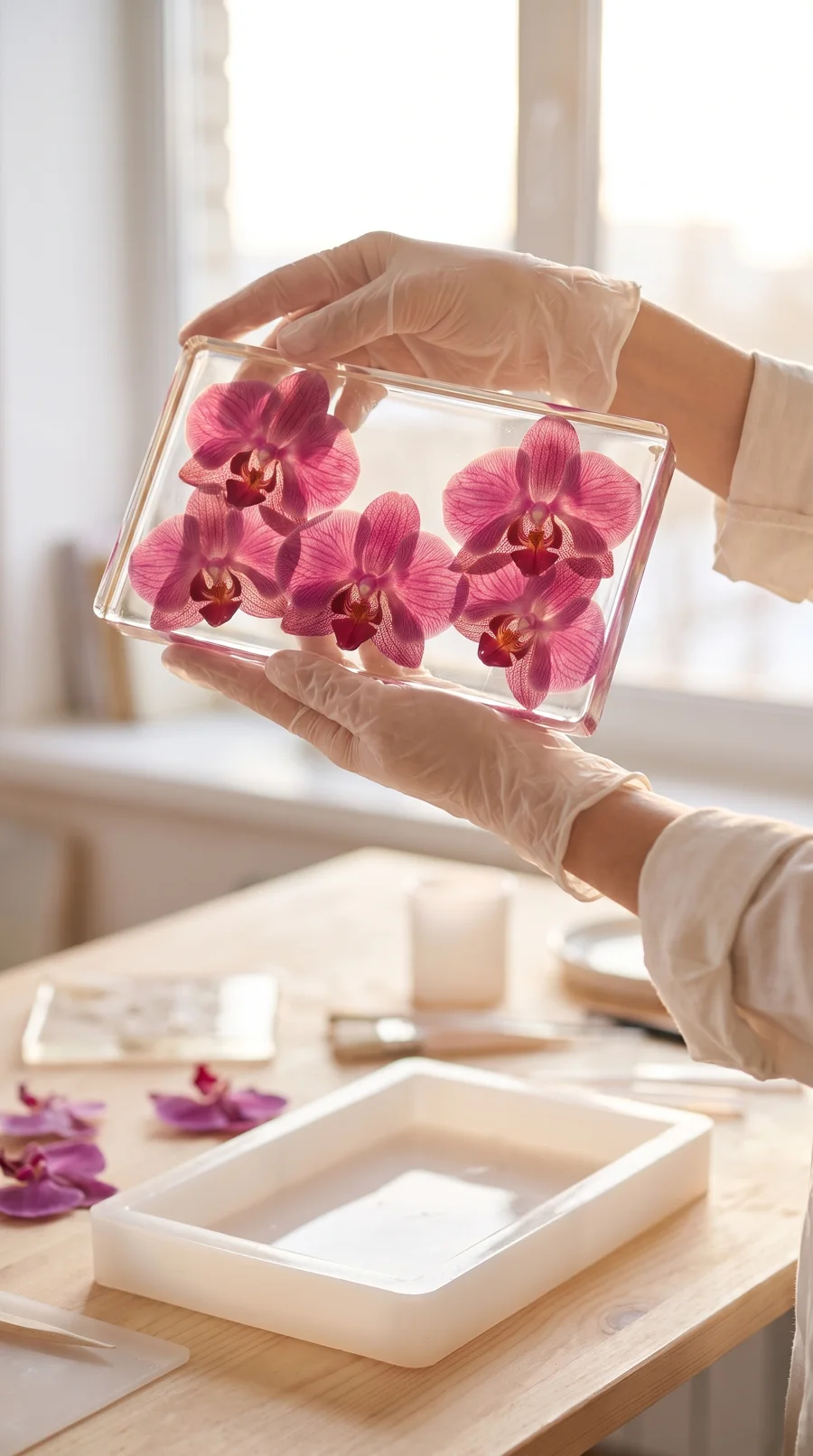 Panel de resina transparente con orquídeas a contraluz