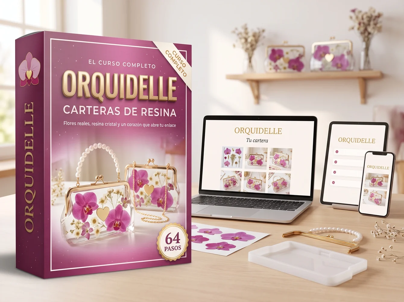 Caja del curso Orquidelle con la app abierta en computadora, tablet y teléfono