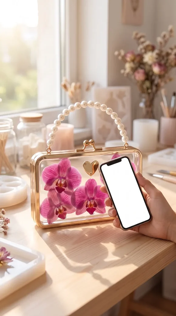 Celular acercado al corazón dorado de la cartera