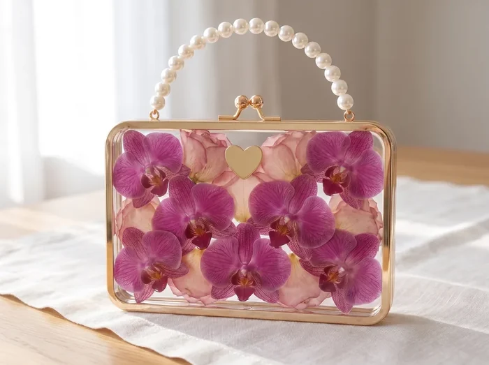Cartera con la cara entera cubierta de orquídeas magenta y pétalos de rosa, con asa de perlas