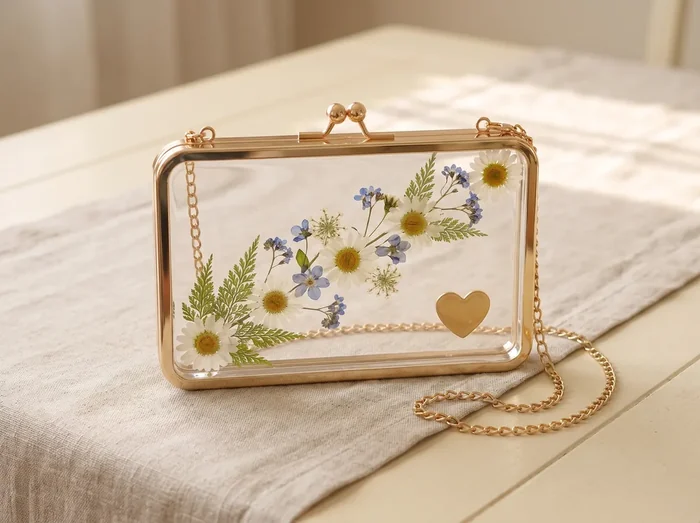 Cartera con un ramillete de flores en diagonal y mucha resina transparente, con cadena dorada