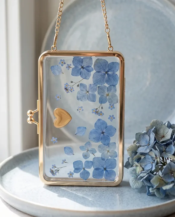 Cartera de resina con hortensias azules y nomeolvides