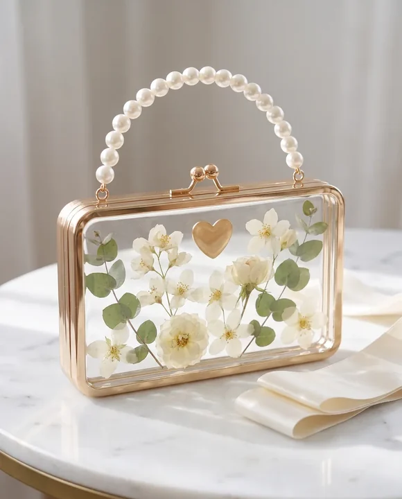 Cartera de resina con flores blancas y hojas de eucalipto