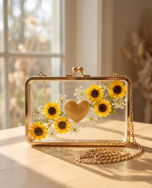 Cartera de resina con girasoles reales y cadena dorada