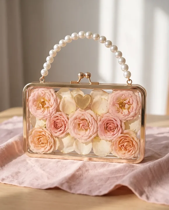 Cartera de resina con rosas rosadas y durazno y asa de perlas