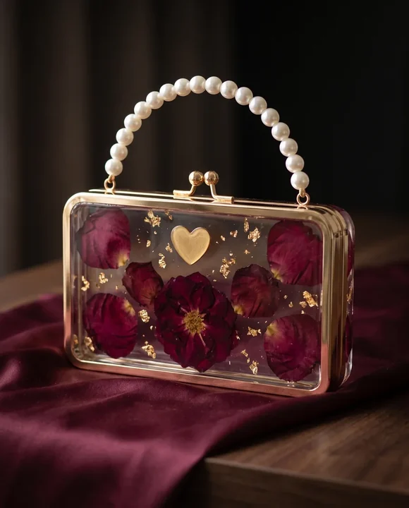 Cartera de resina con rosas bordó y hojas de oro