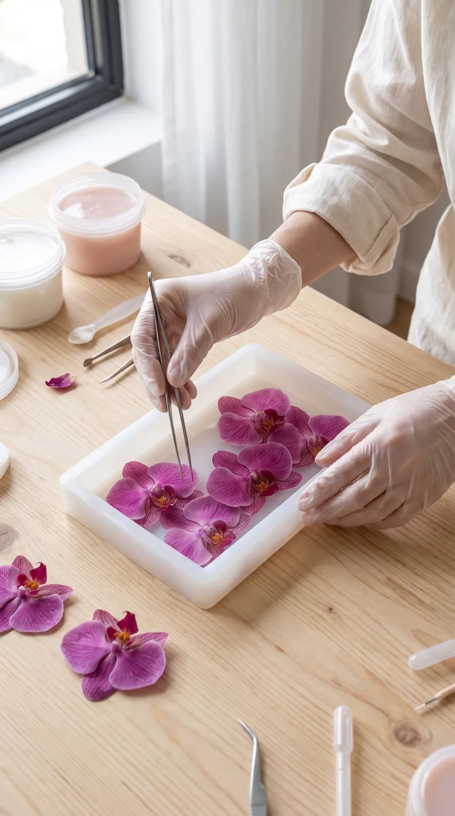 Manos con guantes acomodan orquídeas secas dentro de un molde