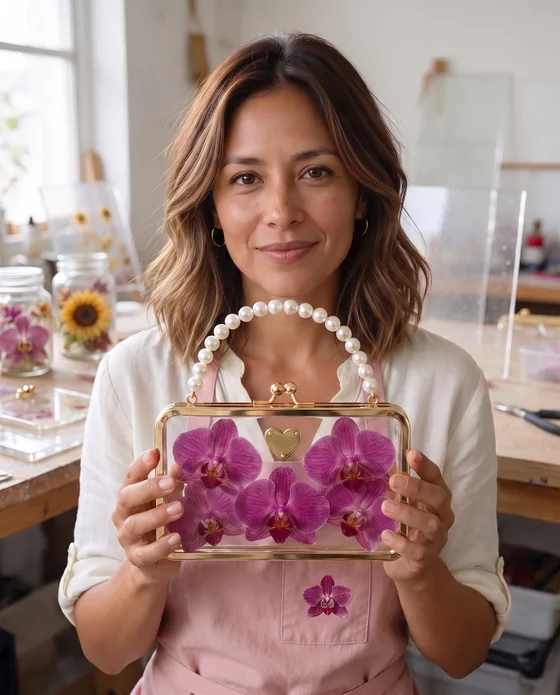 La profesora de Orquidelle sosteniendo una cartera de resina con orquídeas