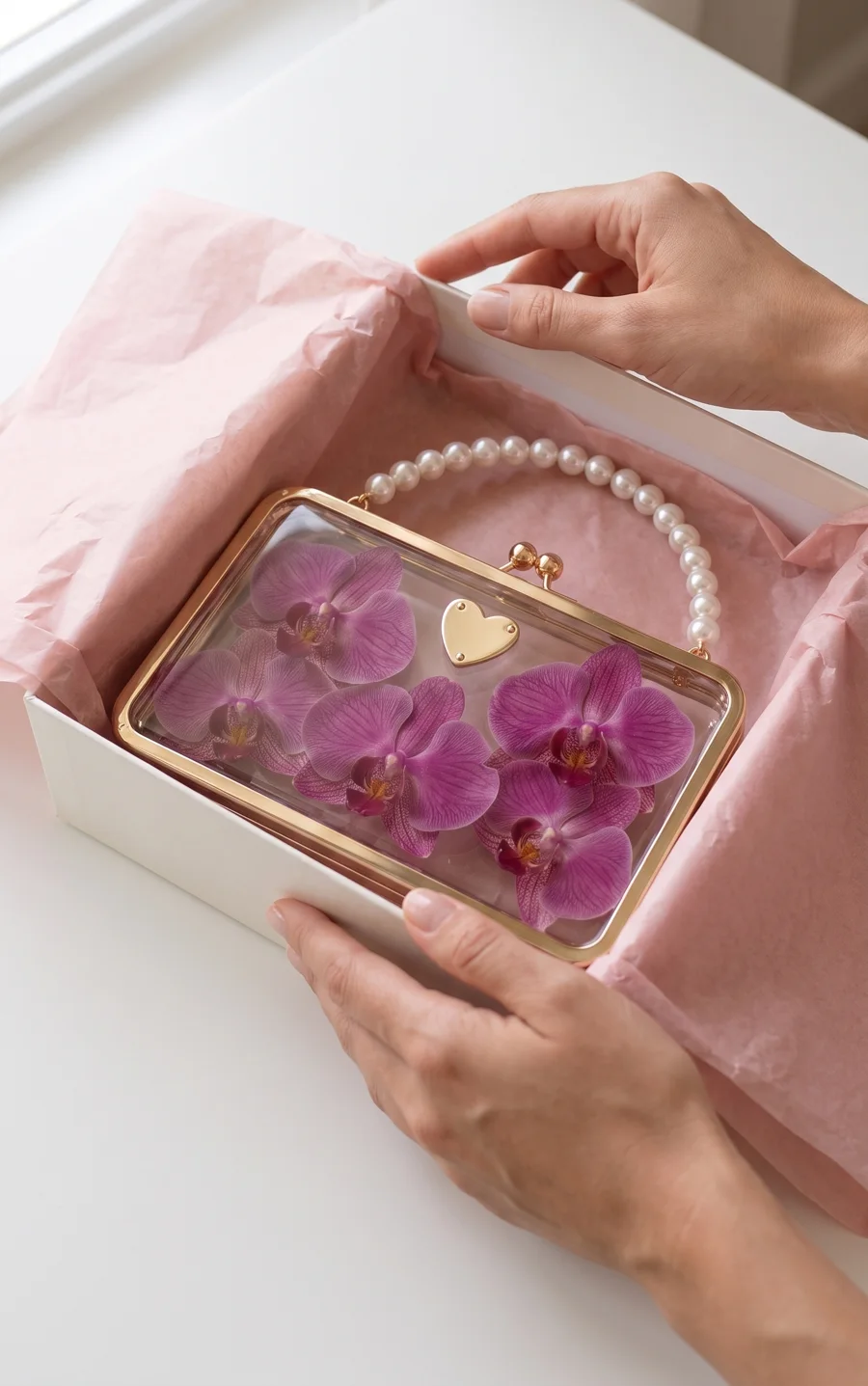 Cartera de flores dentro de su caja de regalo